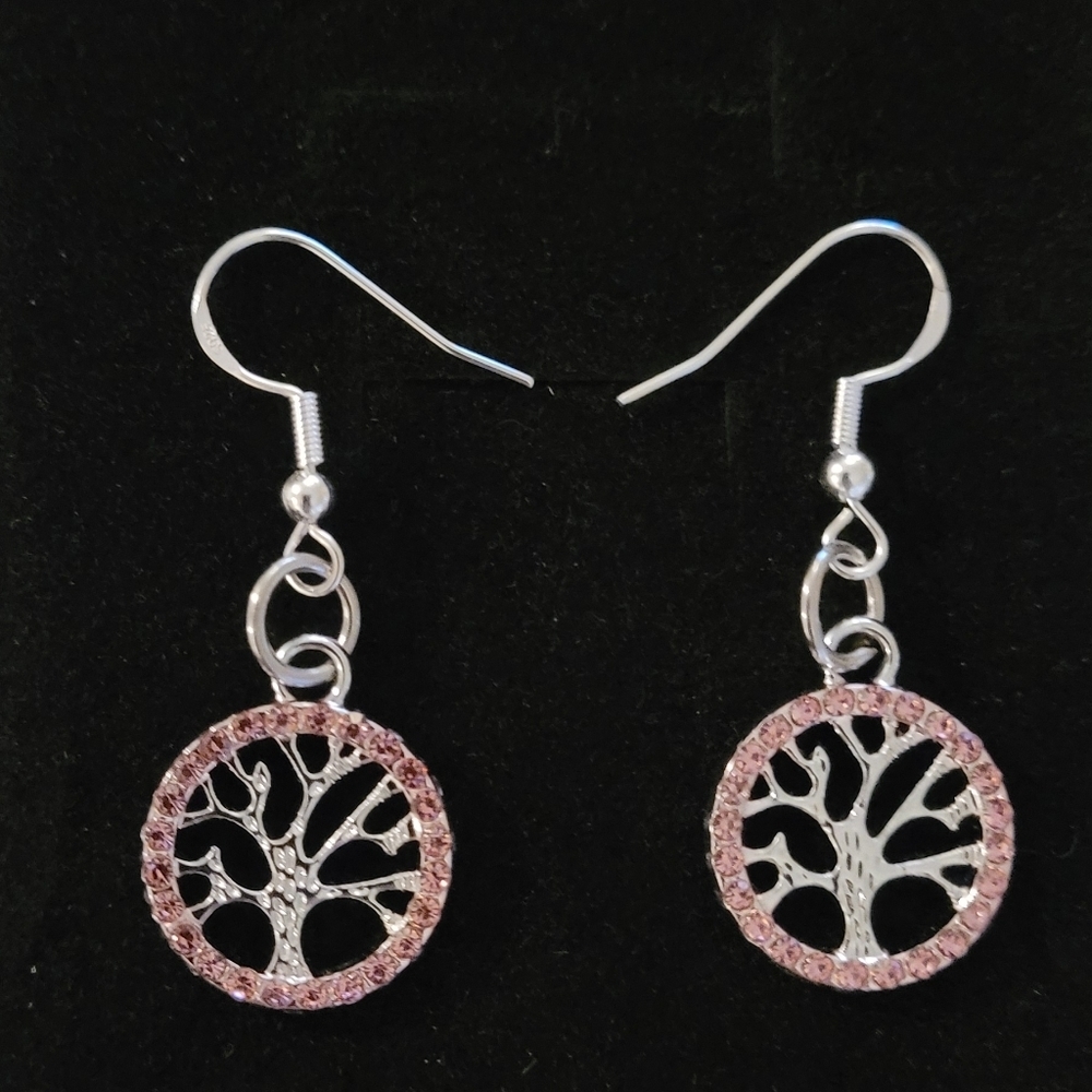 New Tree of Life earrings circled by pink rhinestones, hypoallergenic hooks